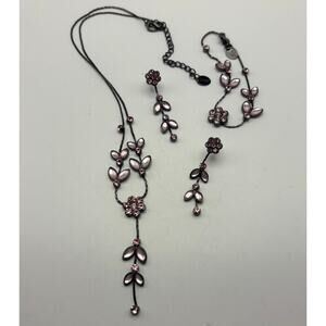 Icing Pink Rhinestone Floral Necklace Earrings Bracelet Set Gunmetal